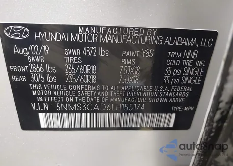 2020 Hyundai Santa Fe Sel from USA, damaged, VIN 5NMS3CAD6LH155174